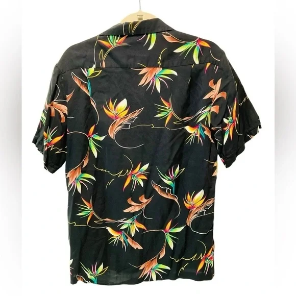 Vintage Pacific Cargo Birds of Paradise Black Hawaiian Camp Shirt Men’s M - Picture 2 of 4